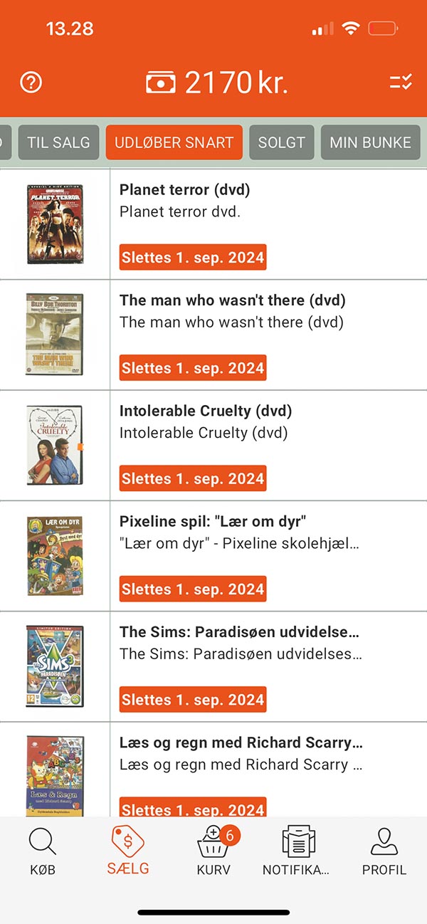 Orderly-appens salgsfane med oversigten over annoncer, der udløber snart.