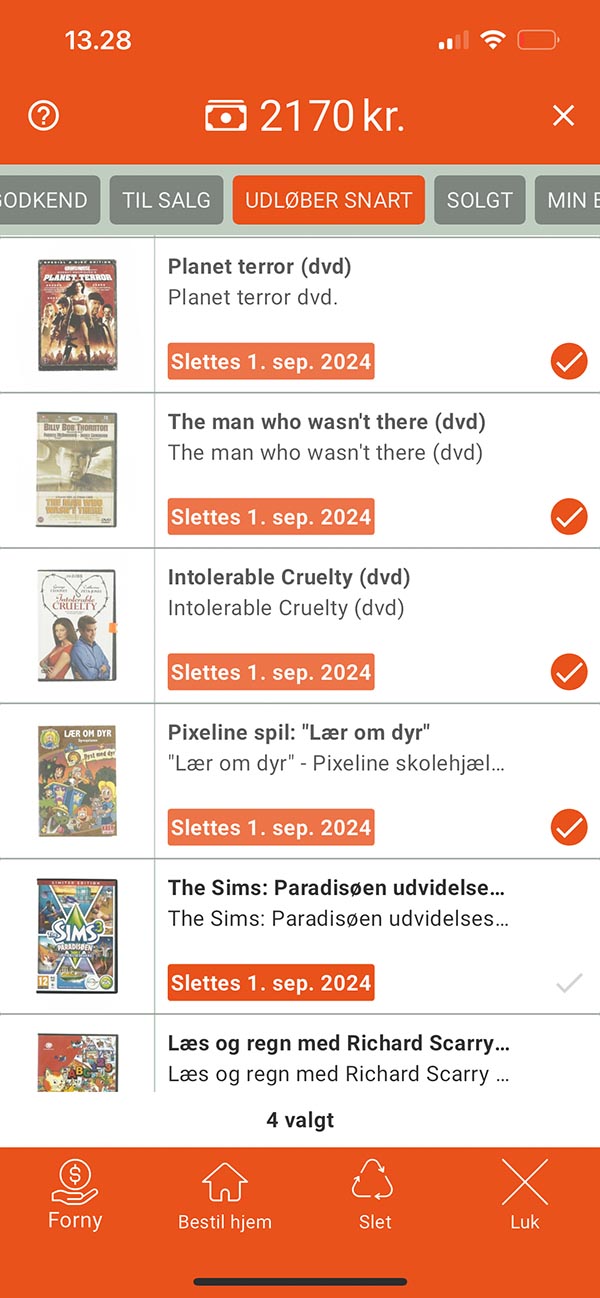Orderly-appens oversigt over valgte annoncer klar til fornyelse, hjemsendelse eller sletning.