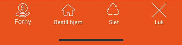 Orderly-appens handlingsmenu med valgene Forny, Bestil hjem og Slet.