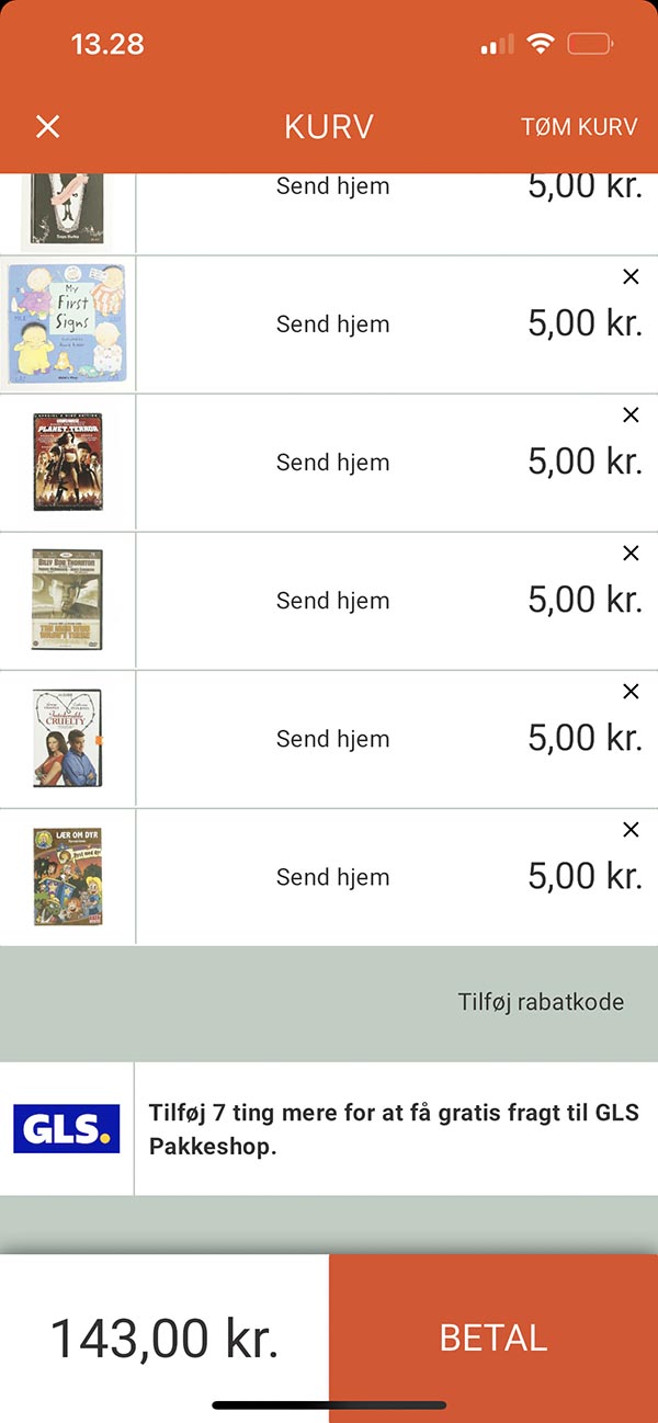 Orderly-appens kurv med betaling for hjemsendelse eller forlængelse.